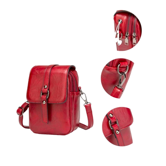Women's Vintage Style Red Leather Crossbody Cell Phone Bag W/Tassel Decoration - Picture 4 of 7